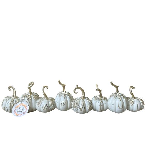 Give Thanks THANKFUL Pumpkins 17.5in Resin White & Gold Fall Designer Decor NEW - Picture 13 of 15